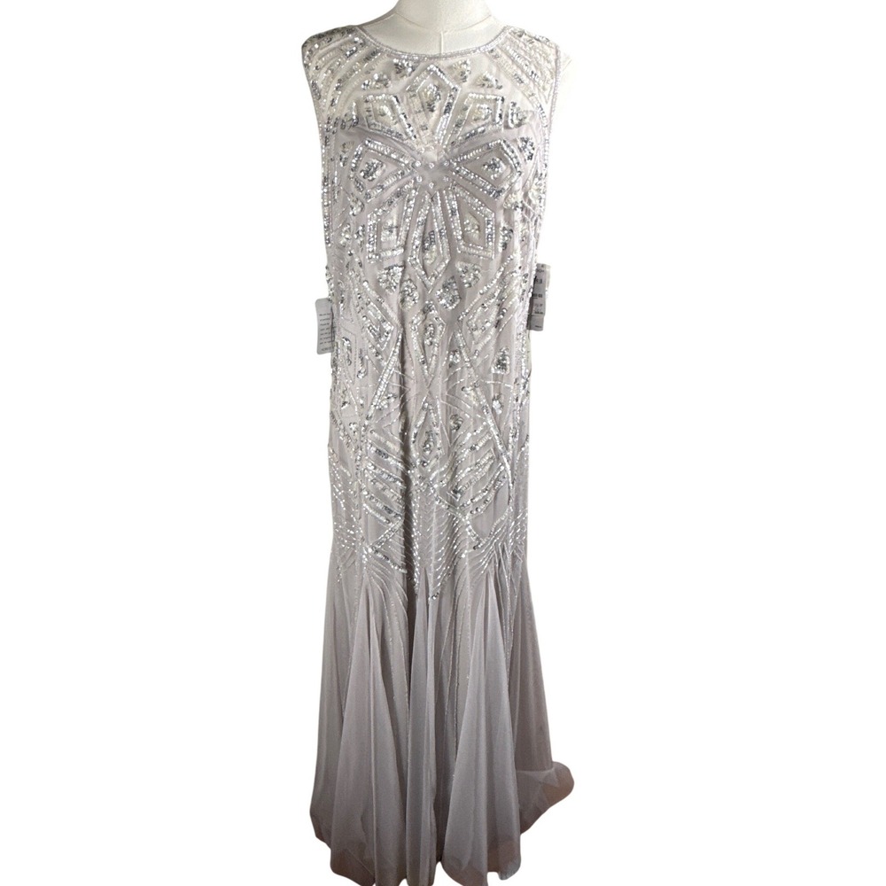 Pisarro Nights Womens Silver Beaded Sequin Gown Art Deco Formal Dress Size 14